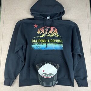 Vintage Hawk Hoodie Mens‎ L Black CA Republic Bear + Brooklyn Hat Co Cap NWT